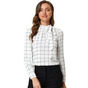 Bow Tie Neck Grid Checks Shirt Tops Blouses White